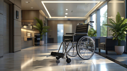 A modern, spacious corridor featuring a stylish wheelchair and lush greenery, conveying accessibility and comfort in a healthcare setting.