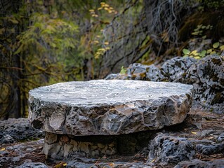 Obraz premium A stone podium set on the rugged forest background