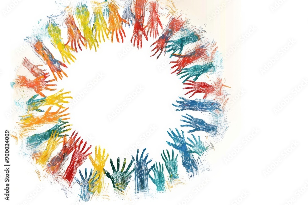 Poster colorful hands forming a circle collaborative and inclusive theme vibrant and dynamic visual