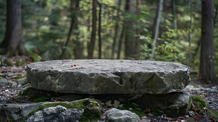 Obraz premium A stone podium set on the rugged forest background