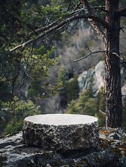 Obraz premium A stone podium set on the rugged forest background