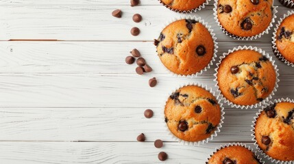 Chocolate chip muffins on a white wood backdrop with empty space
