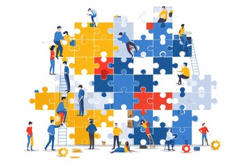 Naklejka premium Illustration of diverse human figures assembling a puzzle collaborative and strategic theme vibrant and dynamic visual