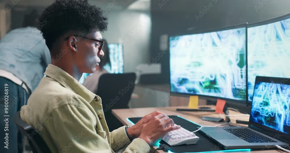 Aufkleber Computer screen, developer and coding on keyboard in office and productivity on futuristic technology. Man, writing and working on gaming programming on neon mousepad and connection for ai on laptop
