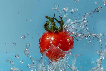 A tomato caught in a splash of water on a blue background - 