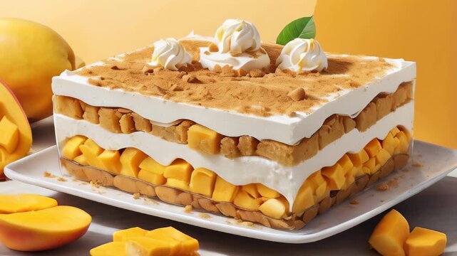 mango layer cake on a white plate, layers of fresh mango cubes, whipped cream, and sponge cake. Summer delicious dessert