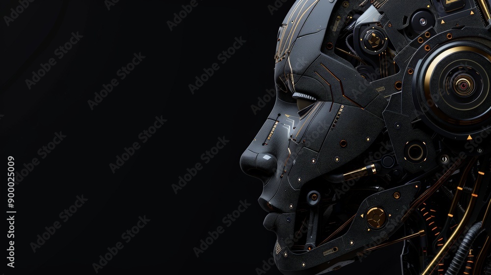 Poster Side profile of a high-tech robot head with complex mechanical components and a dark background. Futuristic and sci-fi theme.