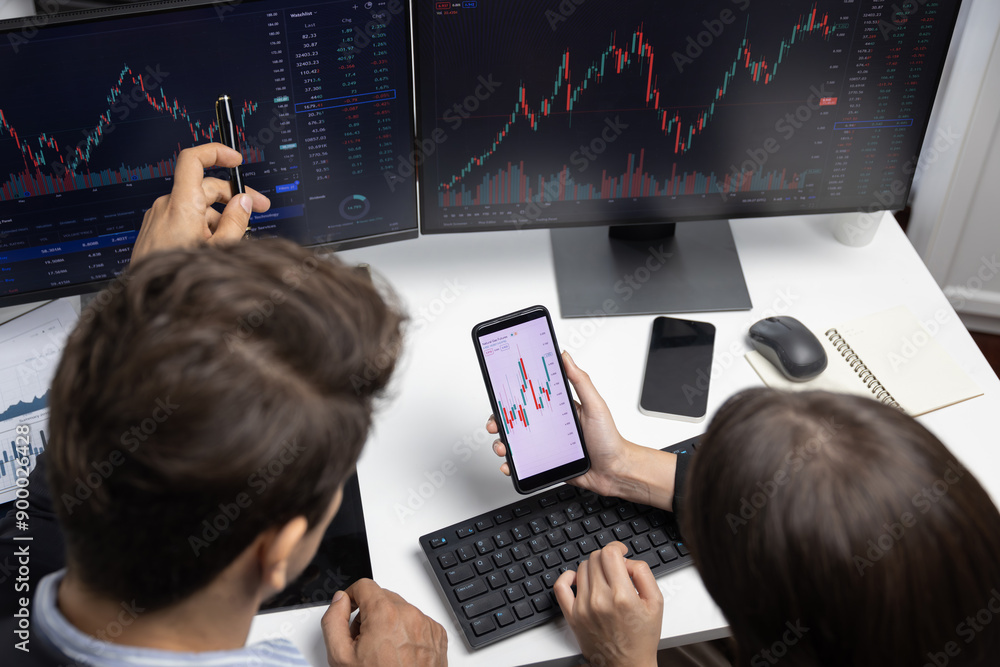 Poster top view focusing on phone discussing dynamic stock market in two business traders online website co