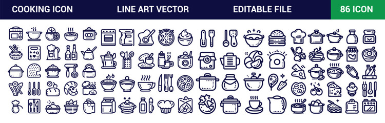 Cooking Icons Set. Editable vector stroke with flat vector illustration