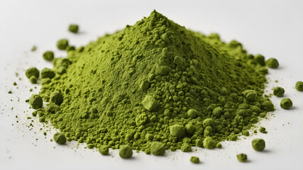 Green food powder on white background. Generative AI