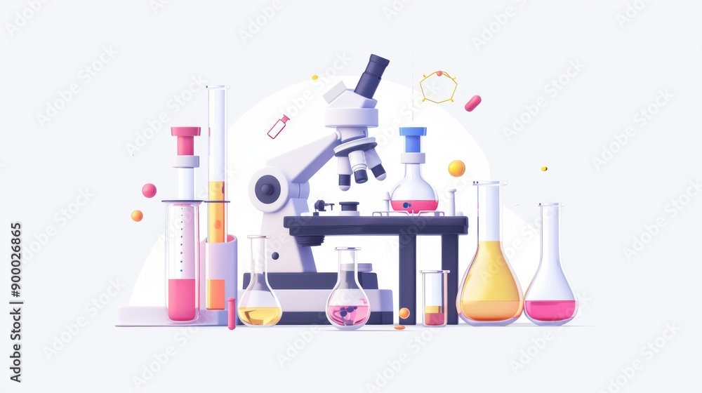 Poster modern 3d flat design science lab with test tubes and microscopes on white background