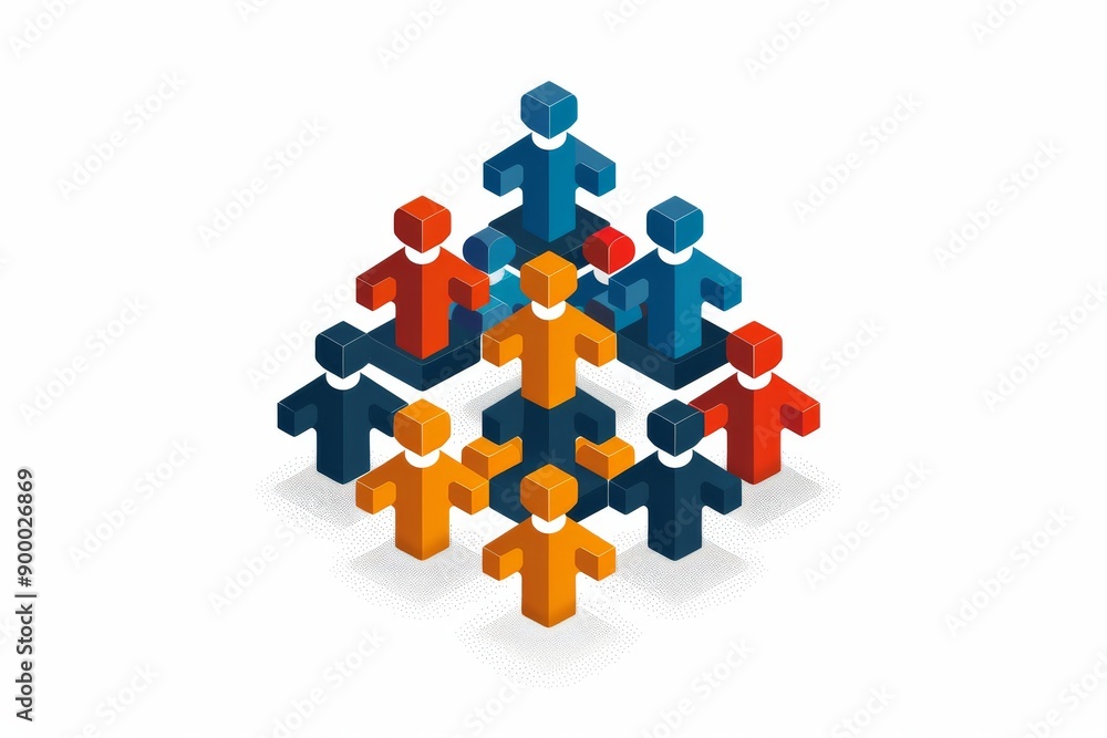 Poster illustration of human figures forming a pyramid collaborative and hierarchical theme vibrant and dyn