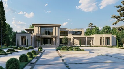 Front view of a stunning newly built luxury home with a minimalist design, large windows, and sophisticated landscaping