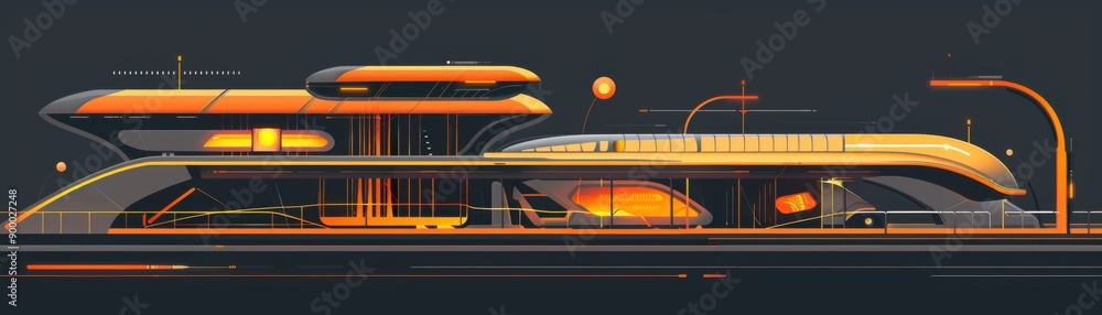 Aufkleber futuristic transportation hub with hyperloop stations in 3d flat design on dark gray background