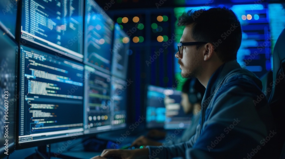 Poster a man is sitting in front of a computer monitor with a serious look on his face