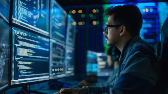 A man is sitting in front of a computer monitor with a serious look on his face
