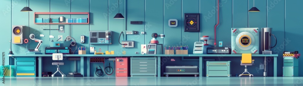 Aufkleber futuristic robotics workshop in 3d flat design on metallic background