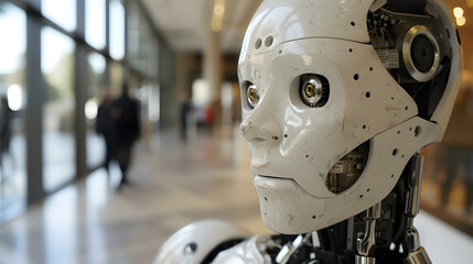 Fototapeta premium A closeup sculpture of a fictional robots head in a hallway, made of metal. The intricate engineering and carminecolored details make it a captivating art piece