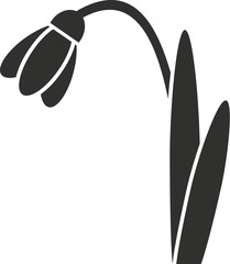 Simple black and white icon of a single snowdrop flower with stem and leaves