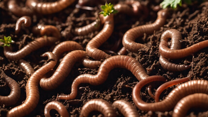 Earthworms in soil close up. Generative AI