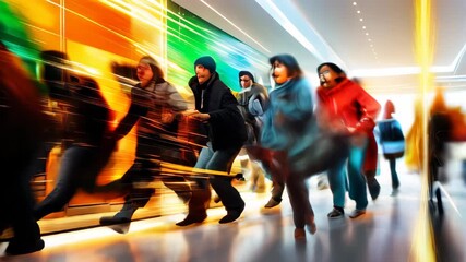 shoppers rushing through a brightly lit modern shopping mall during Black Friday. Abstract Black Friday or Cyber Monday concept