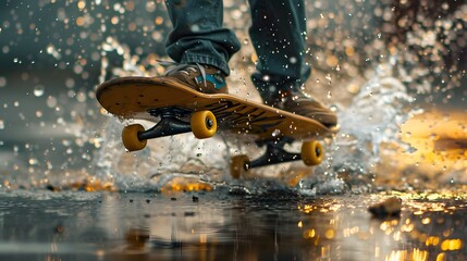 Yellow skateboard or skating surf board on vibrant color background with extreme lifestyle 3D randering.