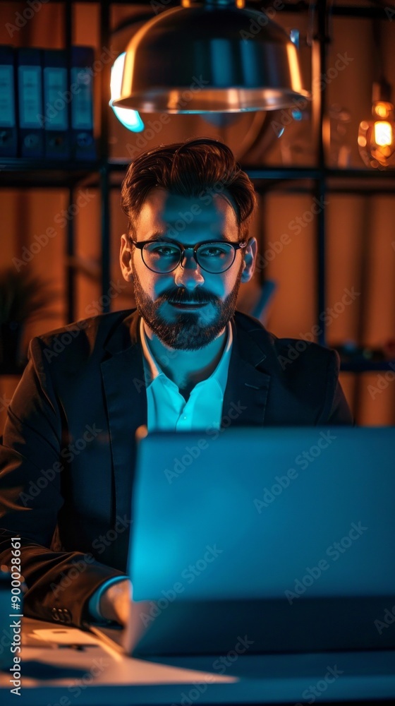 Poster a man in a suit is sitting at a desk with a laptop in front of him