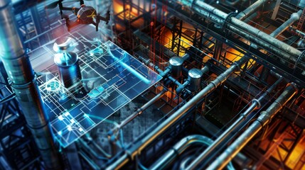 Fototapeta premium A digital rendering of an drone in production facility with holographic blueprints overlaying the complex machinery, showcasing energy technology innovation in virtual reality
