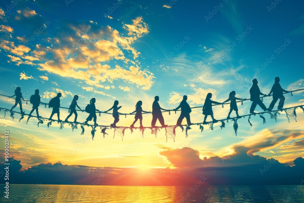 Poster silhouetted figures holding hands across a sunset collaborative and adventurous theme vibrant and dy