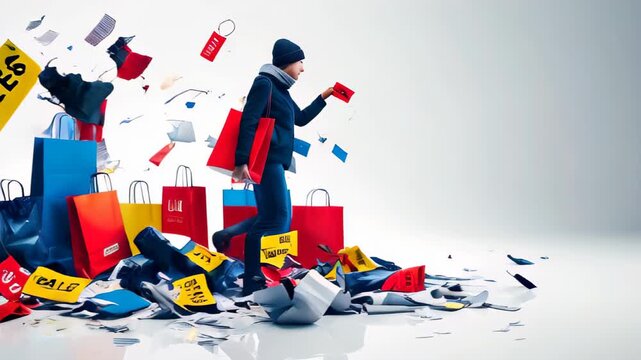 Man and pile of shopping bags and SALE flyers. Black Friday concept. Copy space template sales and special offer background. Discount, marketing