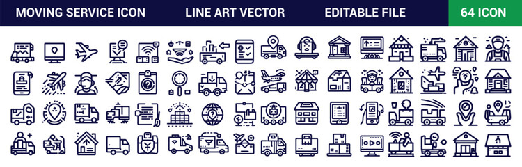 Moving service icon set. Moving service line art style icons pack. Editable Stroke Vector Icon Set Collection. Pixel-perfect icons.
