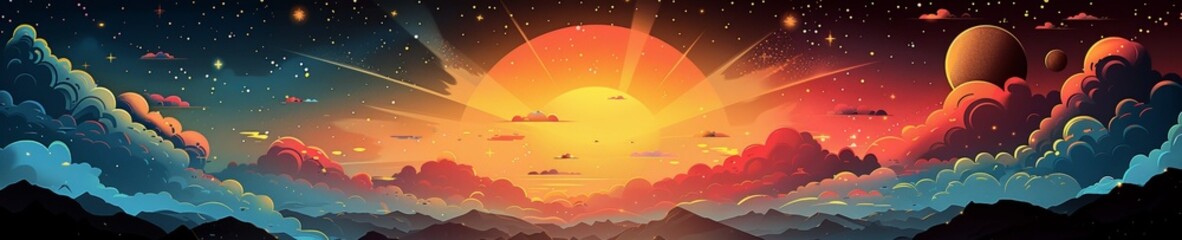 An abstract geometric illustration of the sun and sky in a cartoon style.