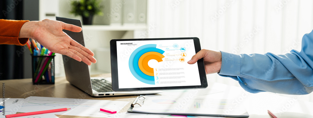 Poster startup company employee working together using tablet analyzing bi dashboard paper on financial dat