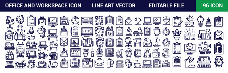 office and workspace icon set. office and workspace line art style icons pack. Editable Stroke Vector Icon Set Collection. Pixel-perfect icons.
