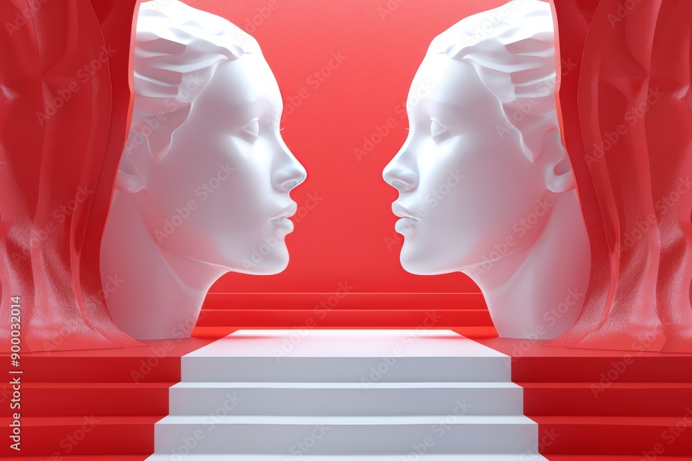 Poster dual white busts facing each other on a red background representing abstract human interaction and a