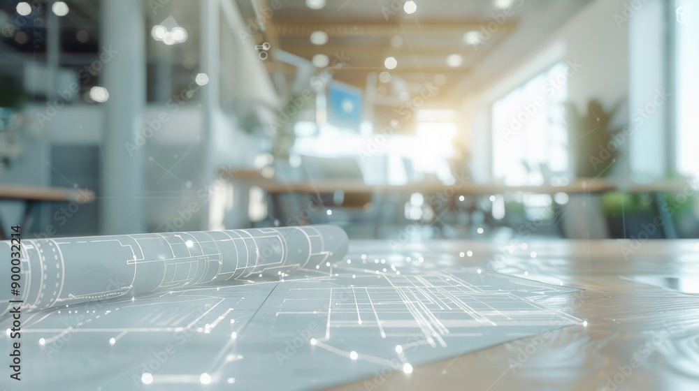 Poster high-tech holographic blueprints on a desk in a futuristic office setting. ideal for engineering, co