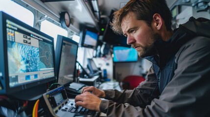 Weather scientist analyzing data from climate monitoring equipment