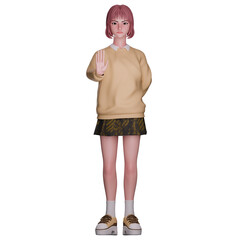 Cute girl in hoodie and black short skirt, showing stop gesture with right hand and angry face, 3D  character render