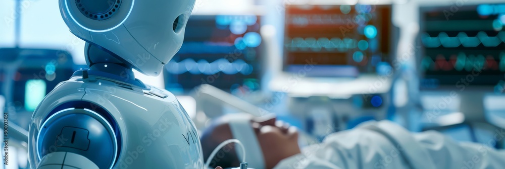 Poster robot assistant monitoring a patient in a futuristic hospital. demonstrates ai in healthcare and adv