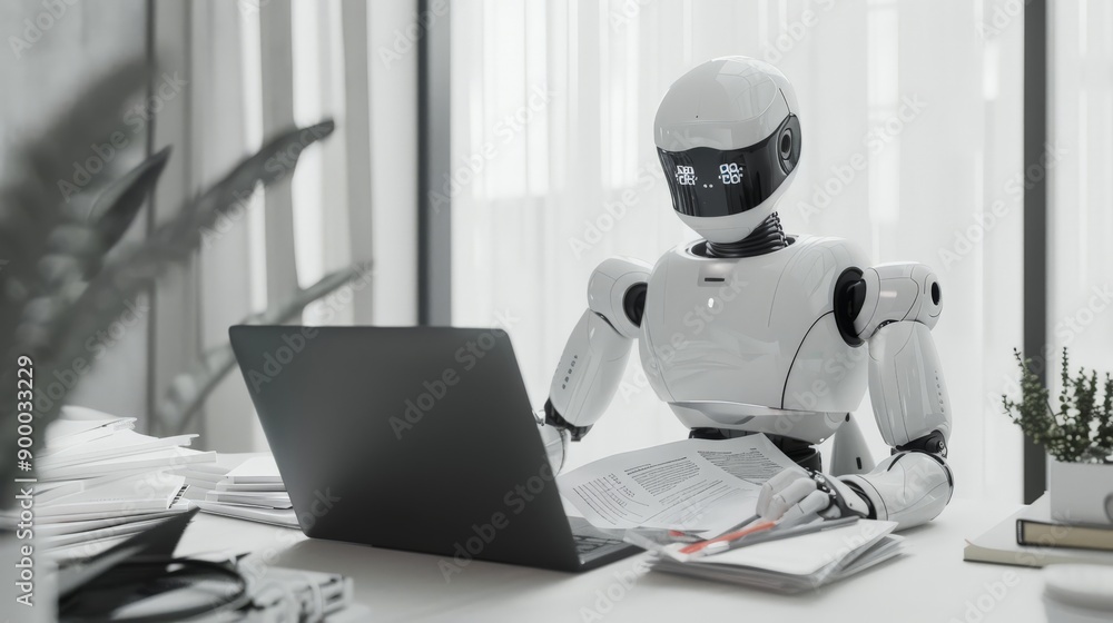 Aufkleber Robot with digital eyes working at a desk with a laptop and papers. Advanced AI performing office tasks efficiently.