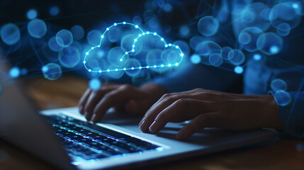A person working on a laptop with digital icons and symbols representing cloud computing and data connections overlayed on the screen