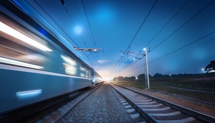Naklejka premium Speeding train on railway track at night, under the blue sky with electrical wires in the background, motion blur effect.