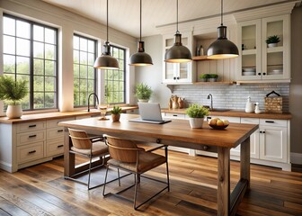 Fototapeta premium Cozy modern farmhouse home office features a rustic wooden desk, metal chairs, and pendant lights amidst a warm, inviting kitchen with cream-colored cabinets.