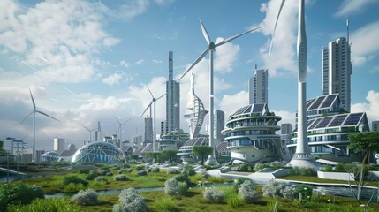 Naklejka premium Wind turbines elegantly integrated into the city's architecture, solar panels covering the rooftops of buildings, and public spaces powered by renewable energy sources