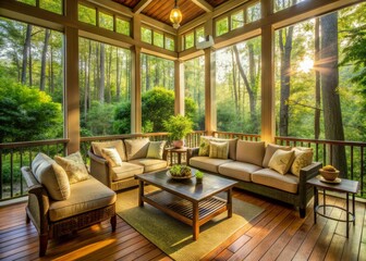 Fototapeta premium Cozy screened porch with plush outdoor furniture, surrounded by lush green forest, warm summer sunlight filtering through the canopy above, serene and inviting atmosphere.