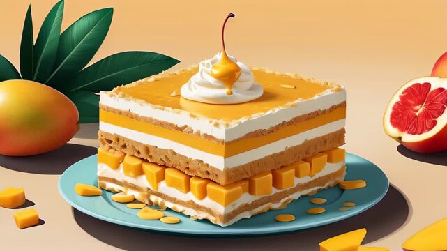mango layer cake on a white plate, layers of fresh mango cubes, whipped cream, and sponge cake. Summer delicious dessert