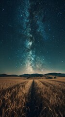 Fototapeta premium A night field with a starry sky and wheat fields below