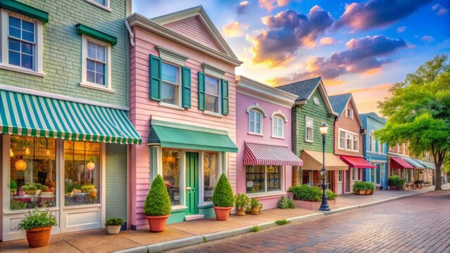 Whimsical small town main street lined with quaint pastel-hued storefronts boasting soft pink, serene blue, and fresh green facades, evoking a sense of nostalgic charm.