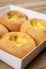 angle view puff pudding sweet snacks at vertical composition