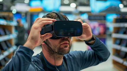 User testing a virtual reality headset with a simulated experience in a tech store